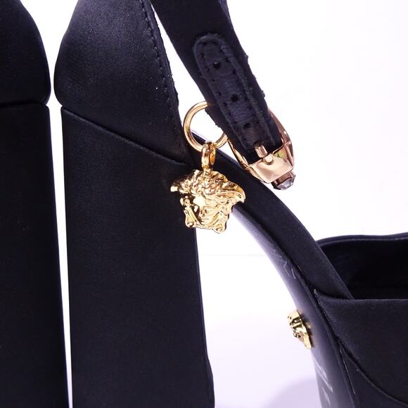 Versace Aevitas Medusa Satin Leather Crystal Charm Double Platform Sandals Sz 37 - Picture 9 of 16